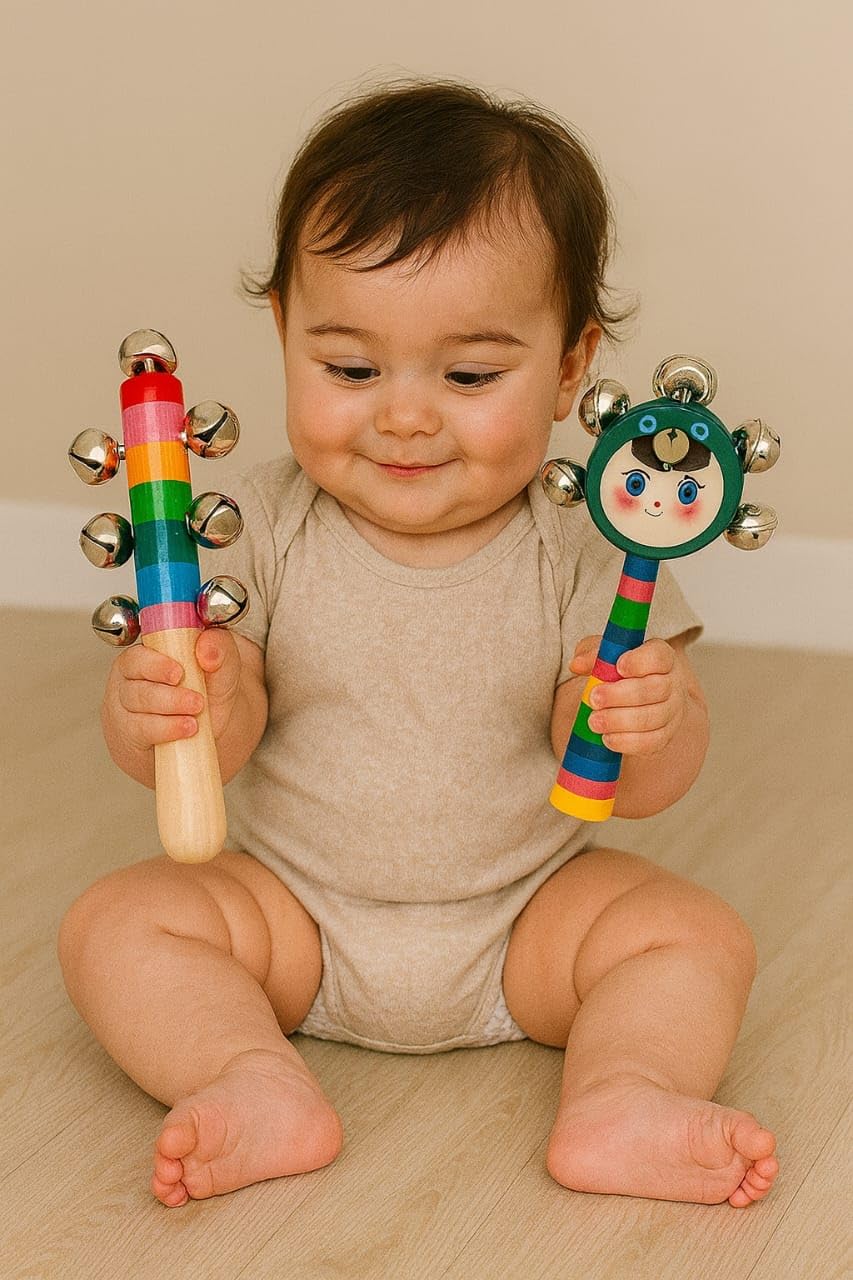 SMILE BABY Colorful Wooden Handle Jingle Bell Rattle Toy