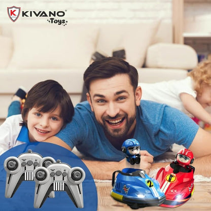 TIPTOP Go Kart Remote Control Cars for Kids – 2 Player RC Ejecting Bumper Cars (2-Pack) | Cartoon Vehicles with Lights & Music, Fast/Slow Speeds, USB Charging