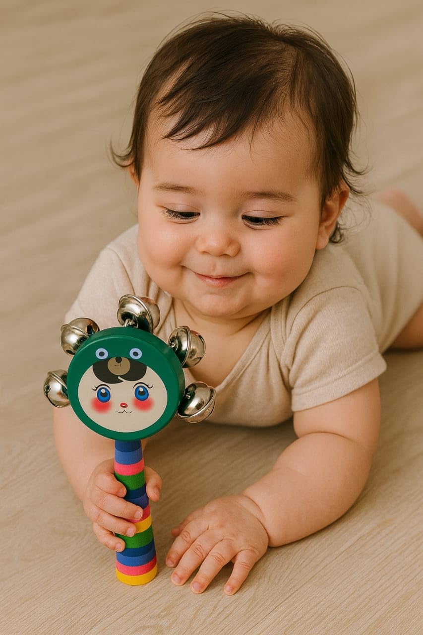 SMILE BABY Colorful Wooden Handle Jingle Bell Rattle Toy