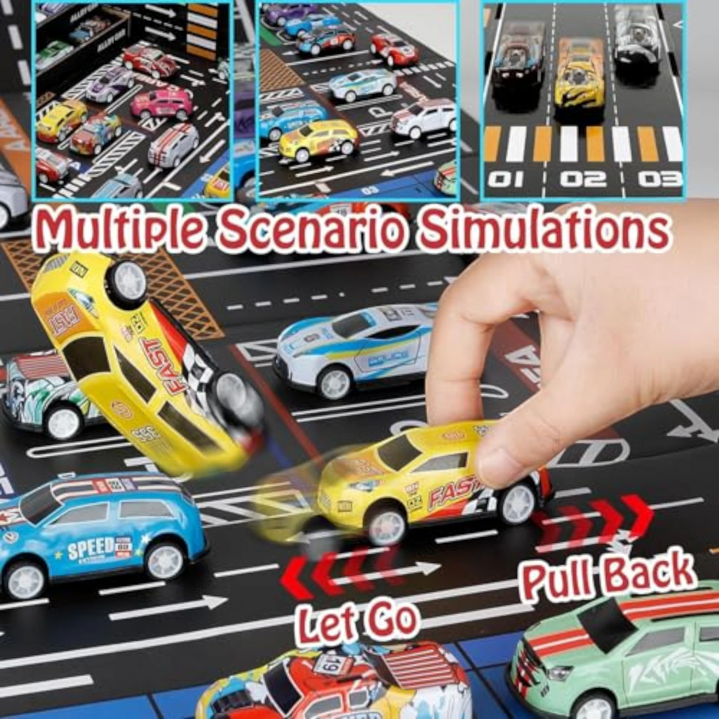 TIPTOP 48pcs Pull Back Cars Set, Alloy Racing Car, Toy Set with Container Storage & Foldable Road Map Play Mat, Friction Powered Vehicles for Kids Boys & Girls
