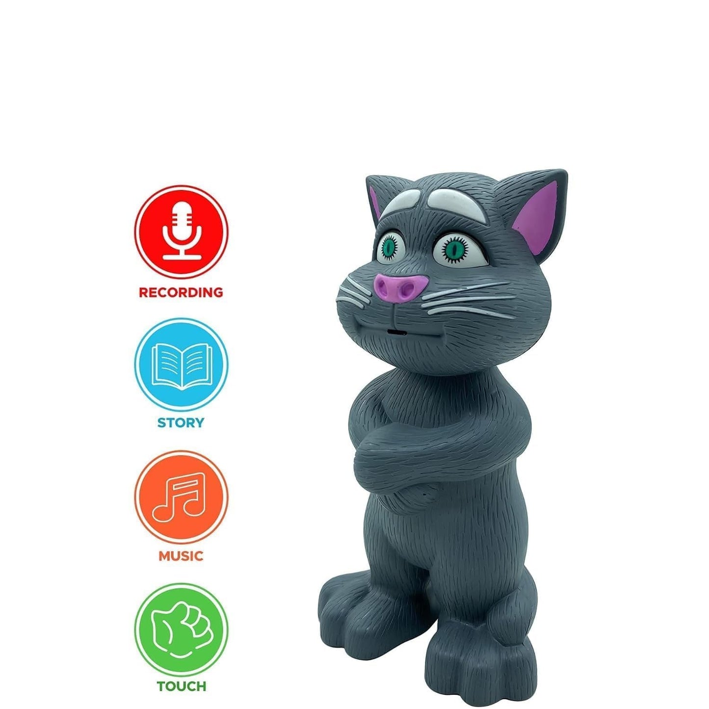 Interactive Talking Tom Cat Toy: Touch-Activated Recording, Grey with Pink Accents