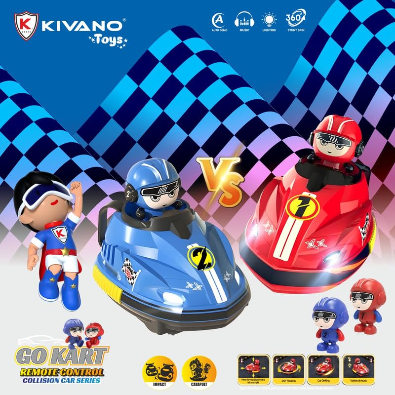 TIPTOP Go Kart Remote Control Cars for Kids – 2 Player RC Ejecting Bumper Cars (2-Pack) | Cartoon Vehicles with Lights & Music, Fast/Slow Speeds, USB Charging