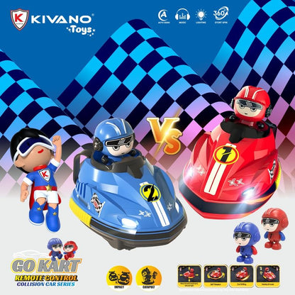TIPTOP Go Kart Remote Control Cars for Kids – 2 Player RC Ejecting Bumper Cars (2-Pack) | Cartoon Vehicles with Lights & Music, Fast/Slow Speeds, USB Charging