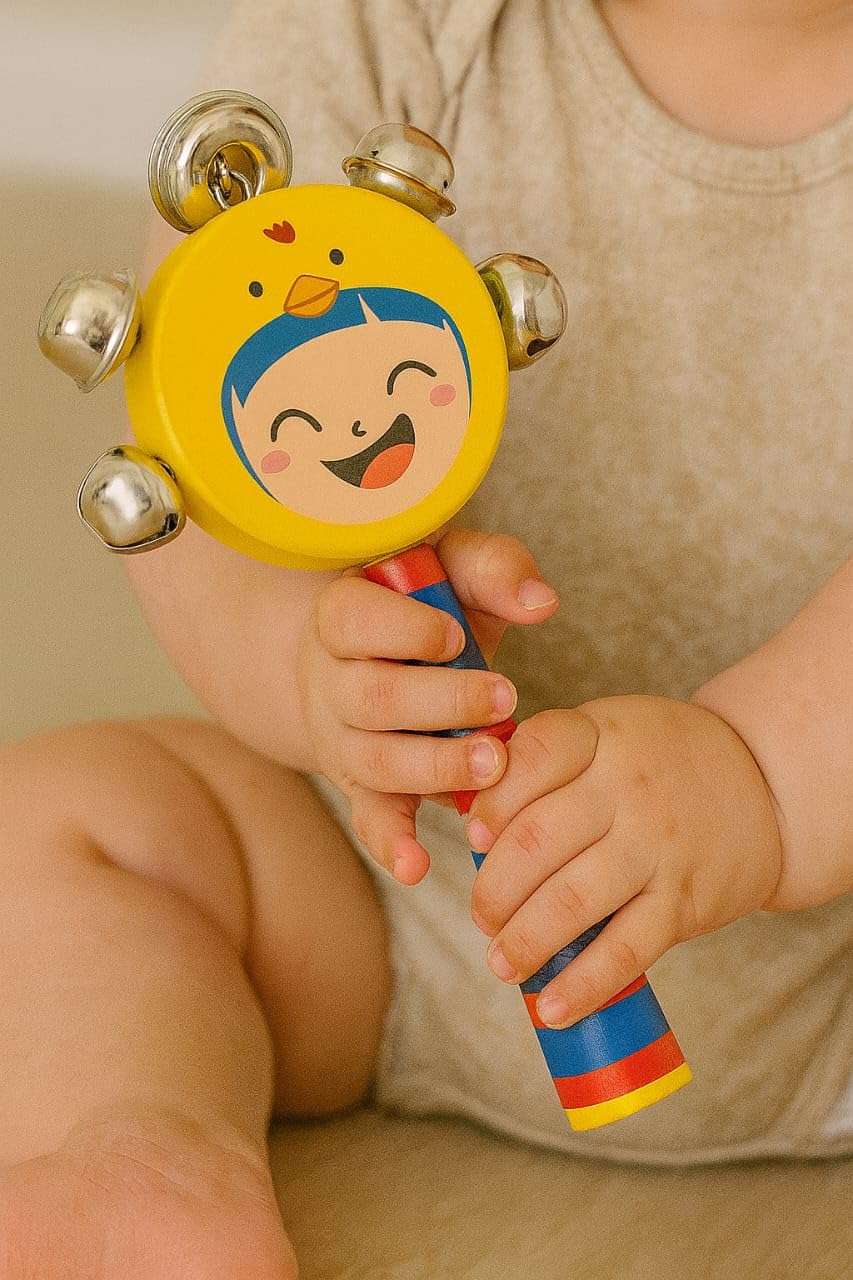 SMILE BABY Colorful Wooden Handle Jingle Bell Rattle Toy