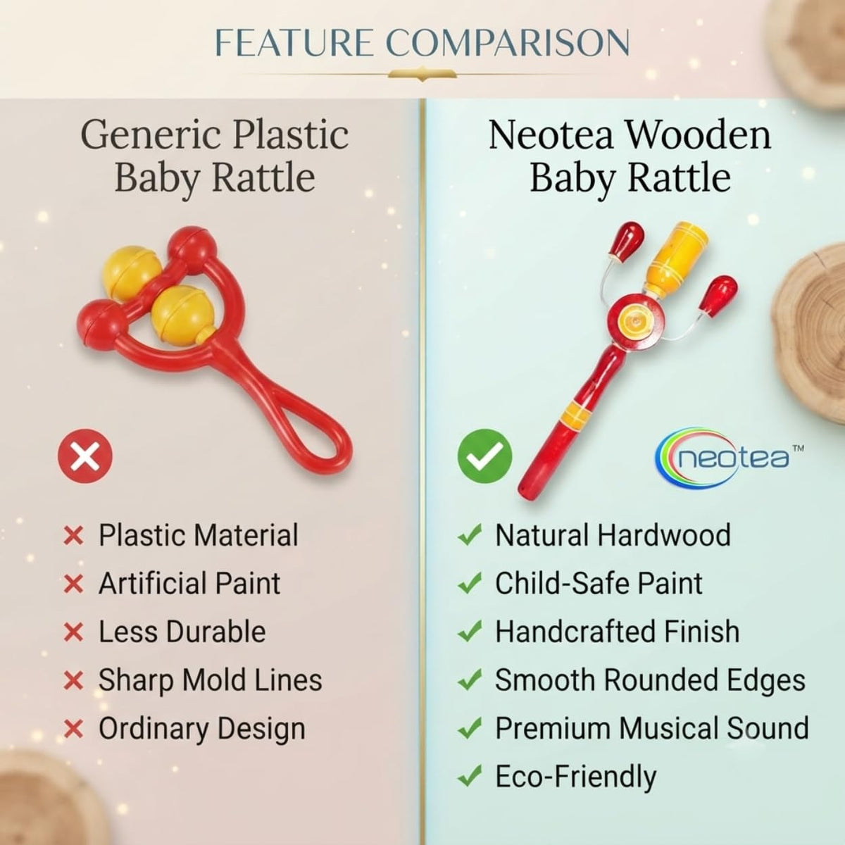 Neotea Handcrafted Wooden Baby Rattle Toy