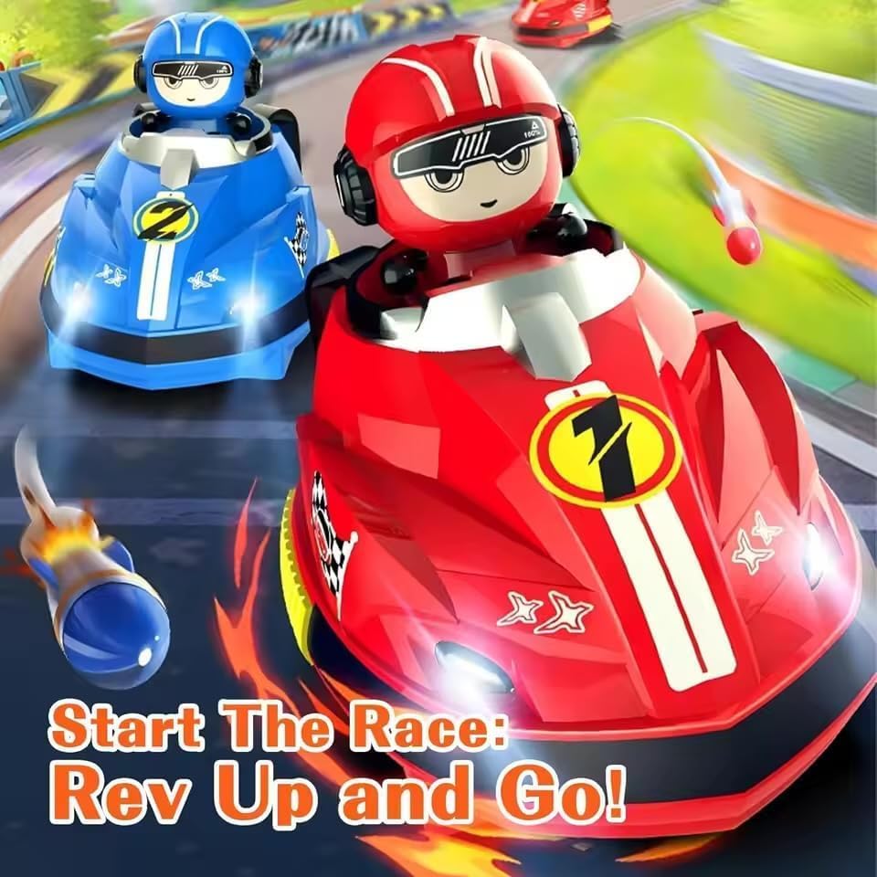 TIPTOP Go Kart Remote Control Cars for Kids – 2 Player RC Ejecting Bumper Cars (2-Pack) | Cartoon Vehicles with Lights & Music, Fast/Slow Speeds, USB Charging
