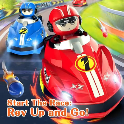 TIPTOP Go Kart Remote Control Cars for Kids – 2 Player RC Ejecting Bumper Cars (2-Pack) | Cartoon Vehicles with Lights & Music, Fast/Slow Speeds, USB Charging