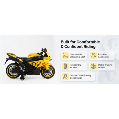 Toy House Battery Operated Ride-On Bike for Kids 3 to 8 Years - B018-Yellow