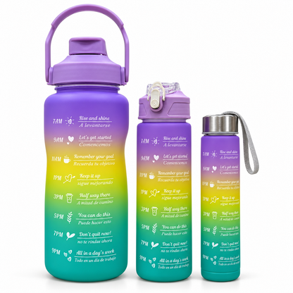 Motivational Water Bottle 3pcs Set with Time Markers Water Lines - 2000ml, 900ml,300ml