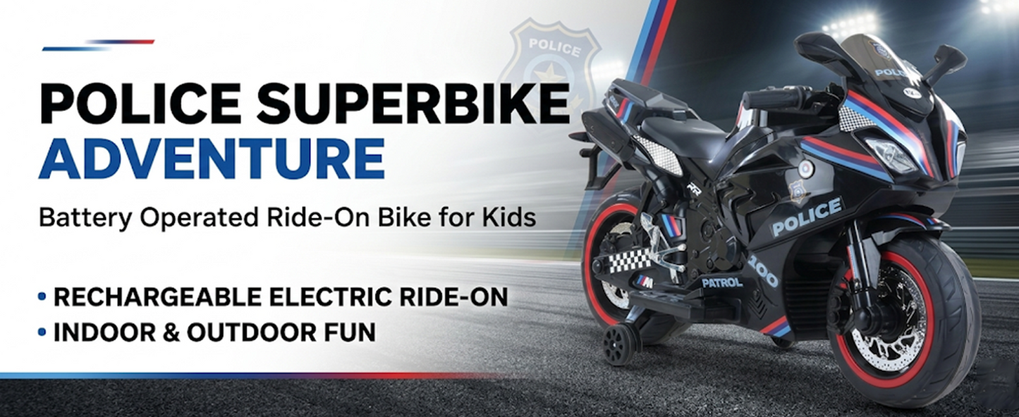 Toy House Battery Operated Ride-On Bike for Kids 3 to 8 Years - B018-Police Black