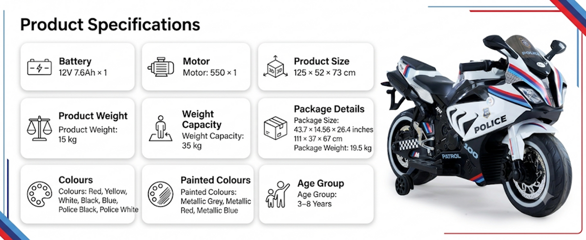 Toy House Battery Operated Ride-On Bike for Kids 3 to 8 Years - B018-Police White
