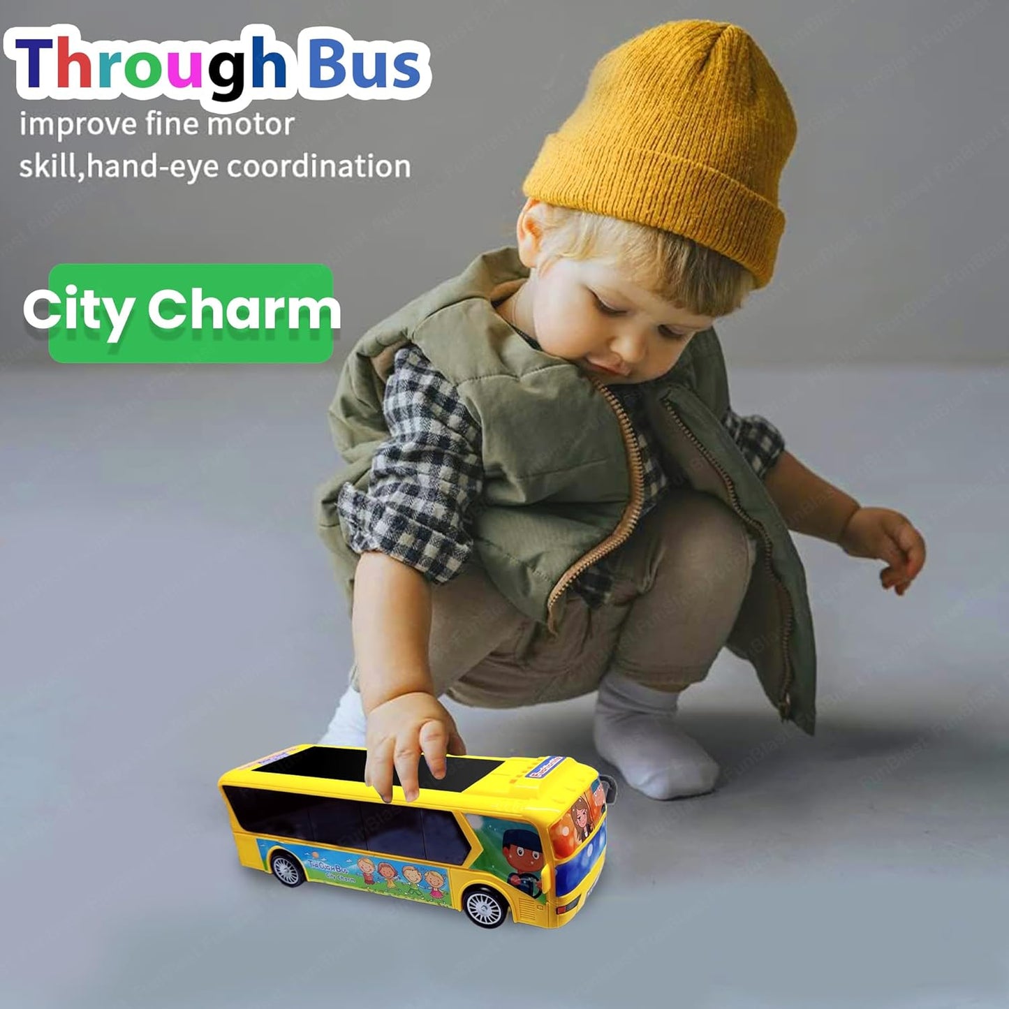 FunBlast Yellow City Bus for Kids: Musical, Light-Up, 360° Rotating Action Toy