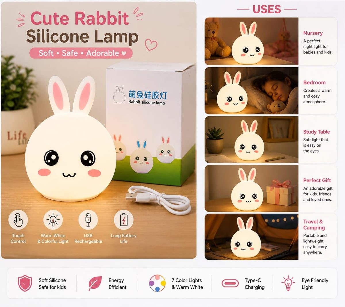 Visionary Enterprise GT-2001 Rabbit Silicone LED Night Lamp Toy
