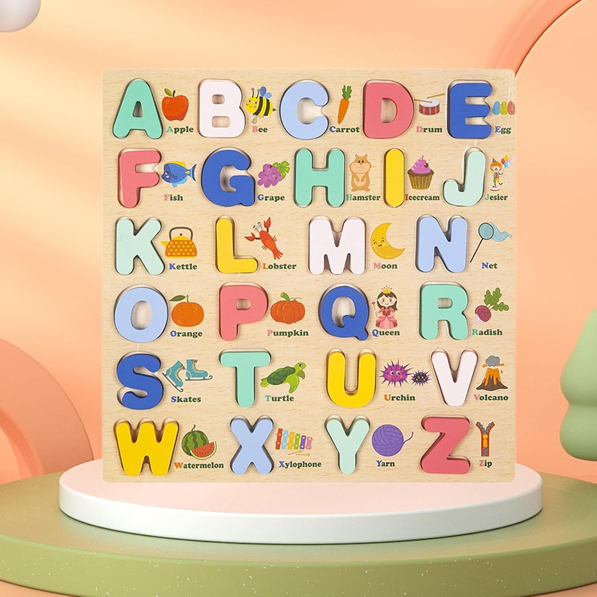 MERISHOPP Wooden Uppercase Letters Peg Puzzle Toddler Toy