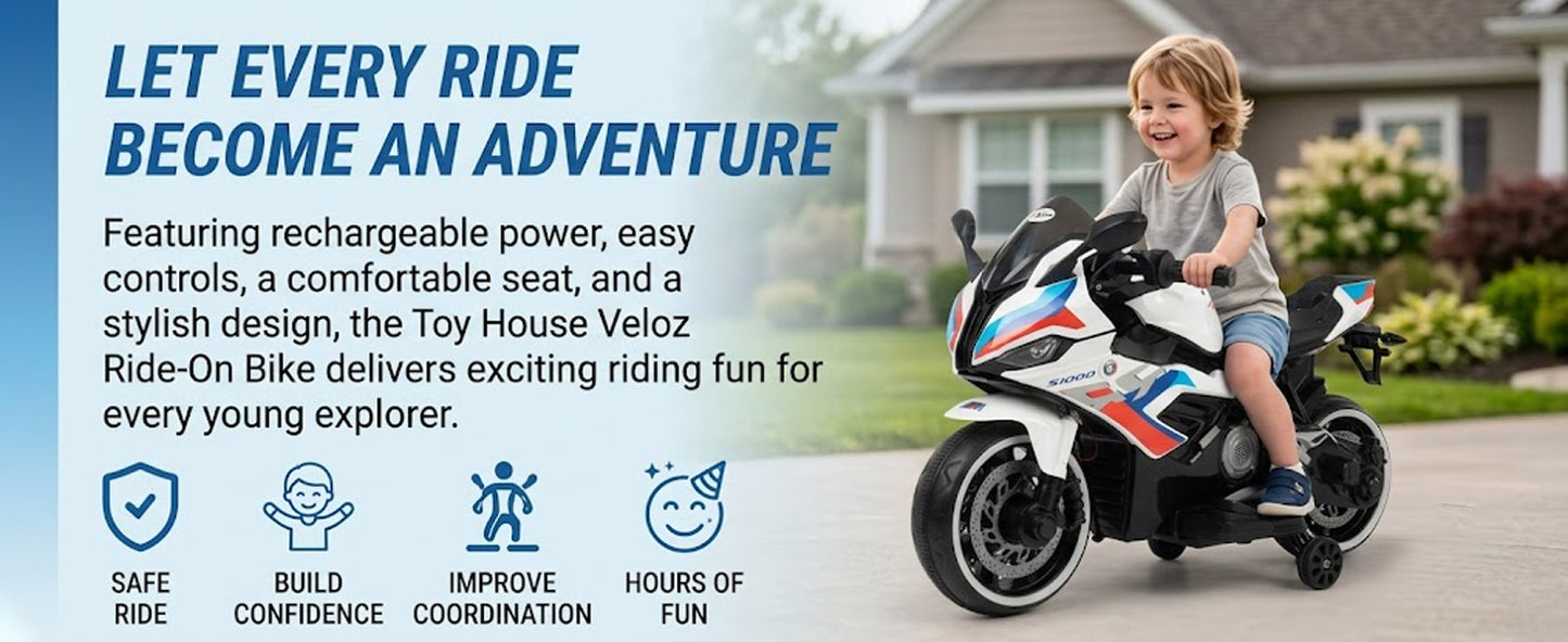 Toy House Battery Operated Ride-On Bike for Kids 2 to 6 Years - B011-White