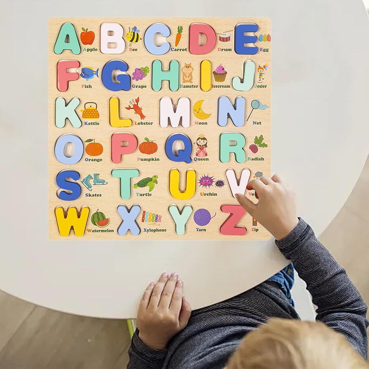 MERISHOPP Wooden Uppercase Letters Peg Puzzle Toddler Toy