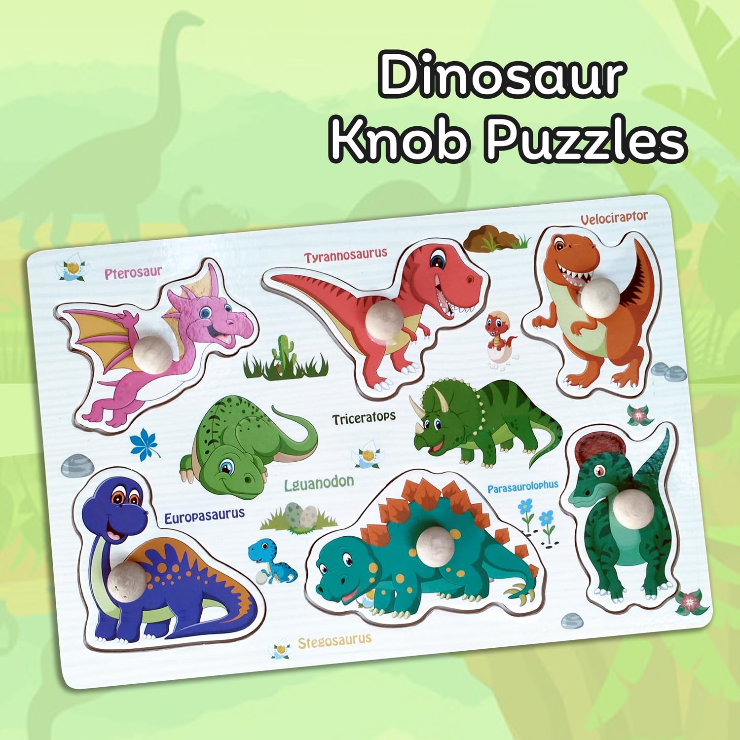 Wudly Wooden Dinosaur Peg Knob Puzzle Game Kids 3+ Educational Fun