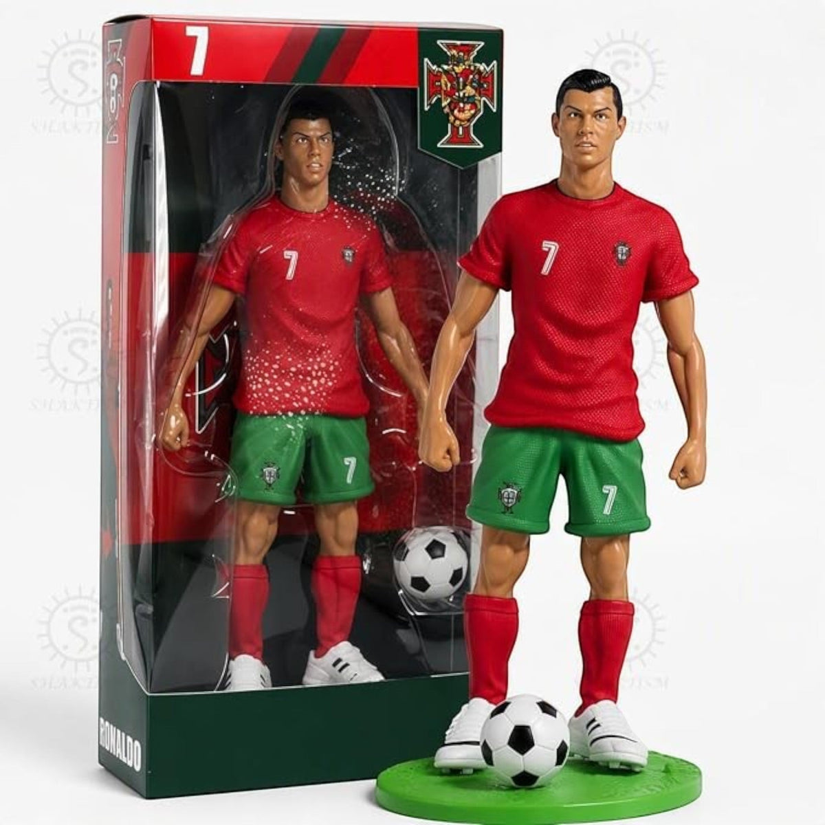 TipTop Retail Cristiano Ronaldo PVC action figure in Portugal kit with a miniature soccer ball and display base.