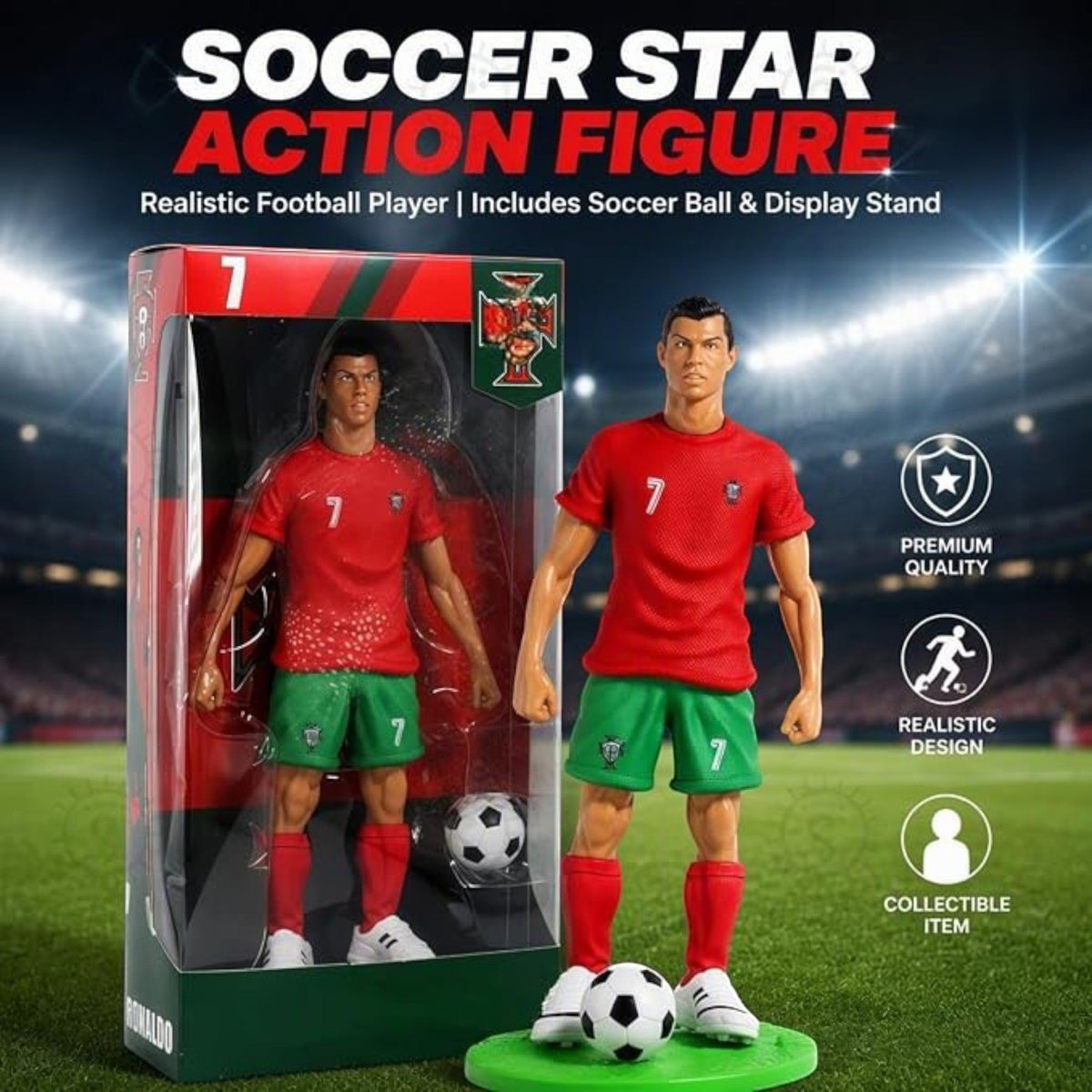 TipTop Retail Ronaldo action figure in red and green football kit with soccer ball and display base in packaging.