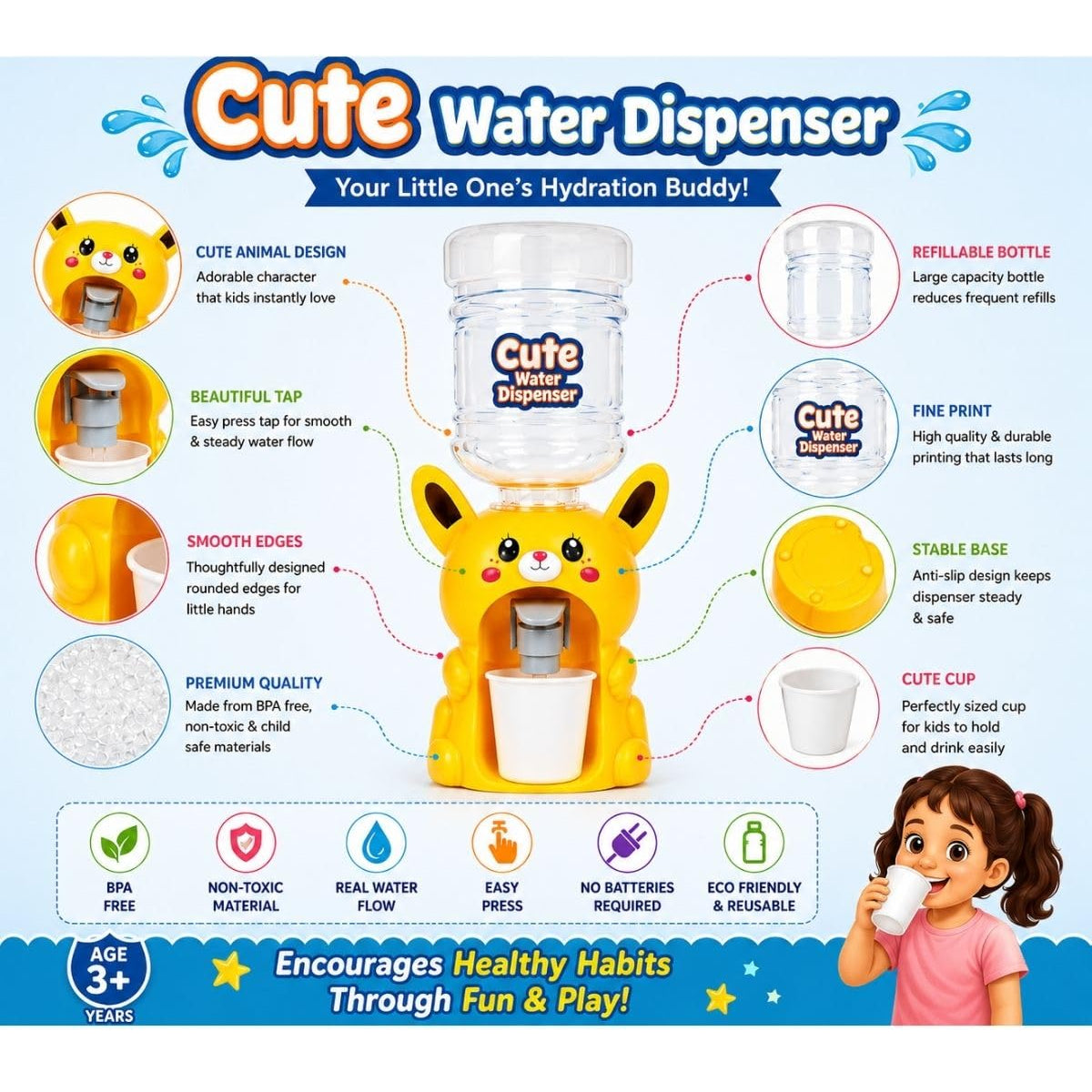 Cute Animal Mini Water Dispenser Pretend Play Set Toy