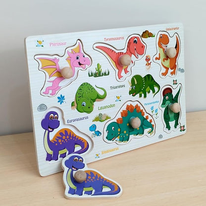 Wudly Wooden Dinosaur Peg Knob Puzzle Game Kids 3+ Educational Fun