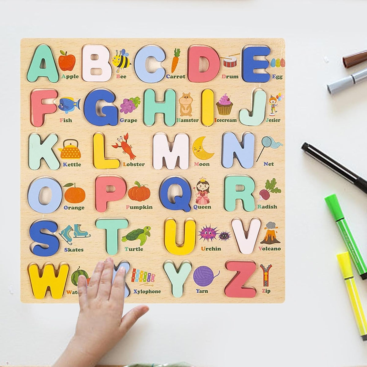 MERISHOPP Wooden Uppercase Letters Peg Puzzle Toddler Toy
