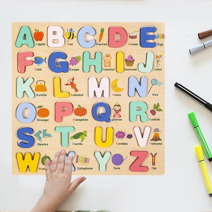 MERISHOPP Wooden Uppercase Letters Peg Puzzle Toddler Toy
