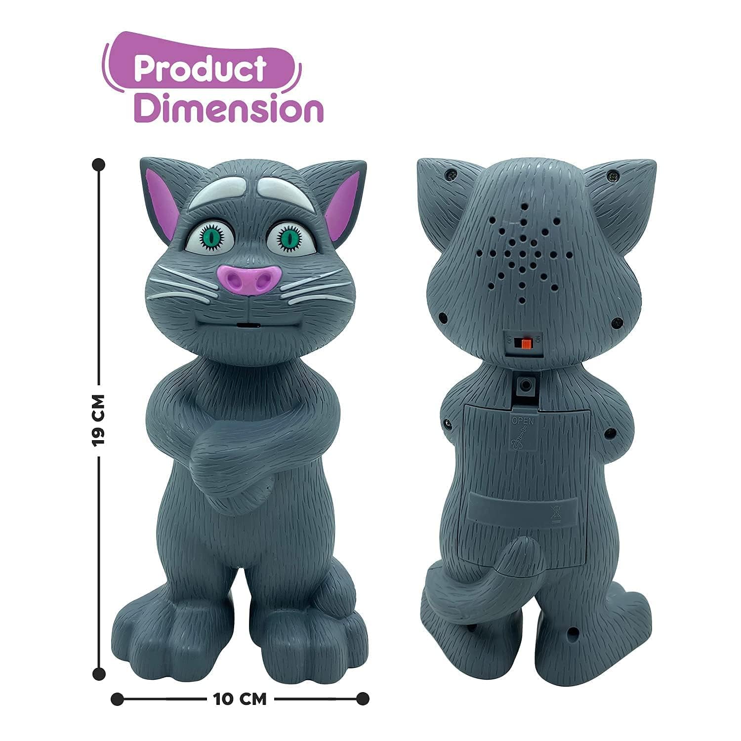 Interactive Talking Tom Cat Toy: Touch-Activated Recording, Grey with Pink Accents