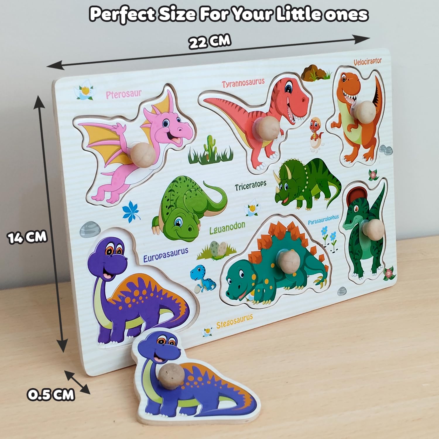 Wudly Wooden Dinosaur Peg Knob Puzzle Game Kids 3+ Educational Fun