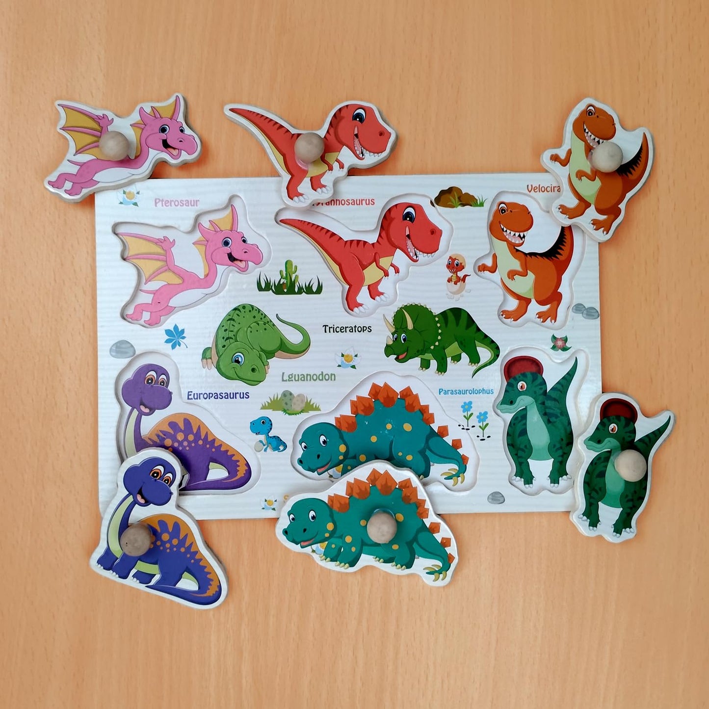 Wudly Wooden Dinosaur Peg Knob Puzzle Game Kids 3+ Educational Fun