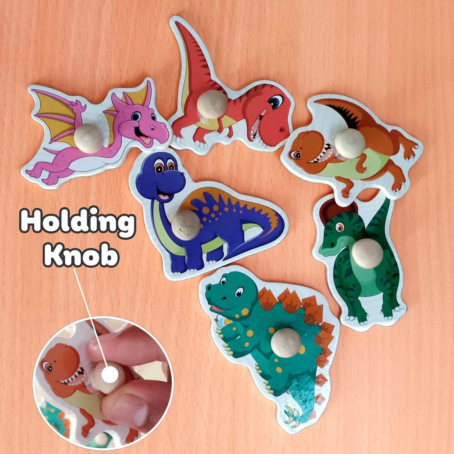 Wudly Wooden Dinosaur Peg Knob Puzzle Game Kids 3+ Educational Fun