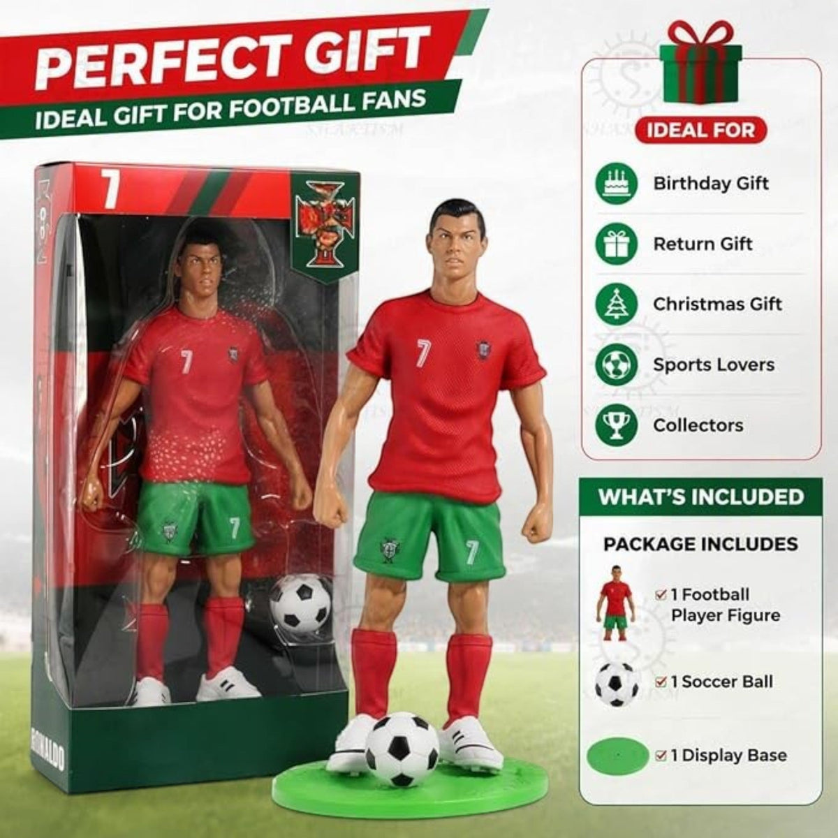 TipTop Retail 8.7 inch PVC Ronaldo football action figure with soccer ball and display base in packaging
