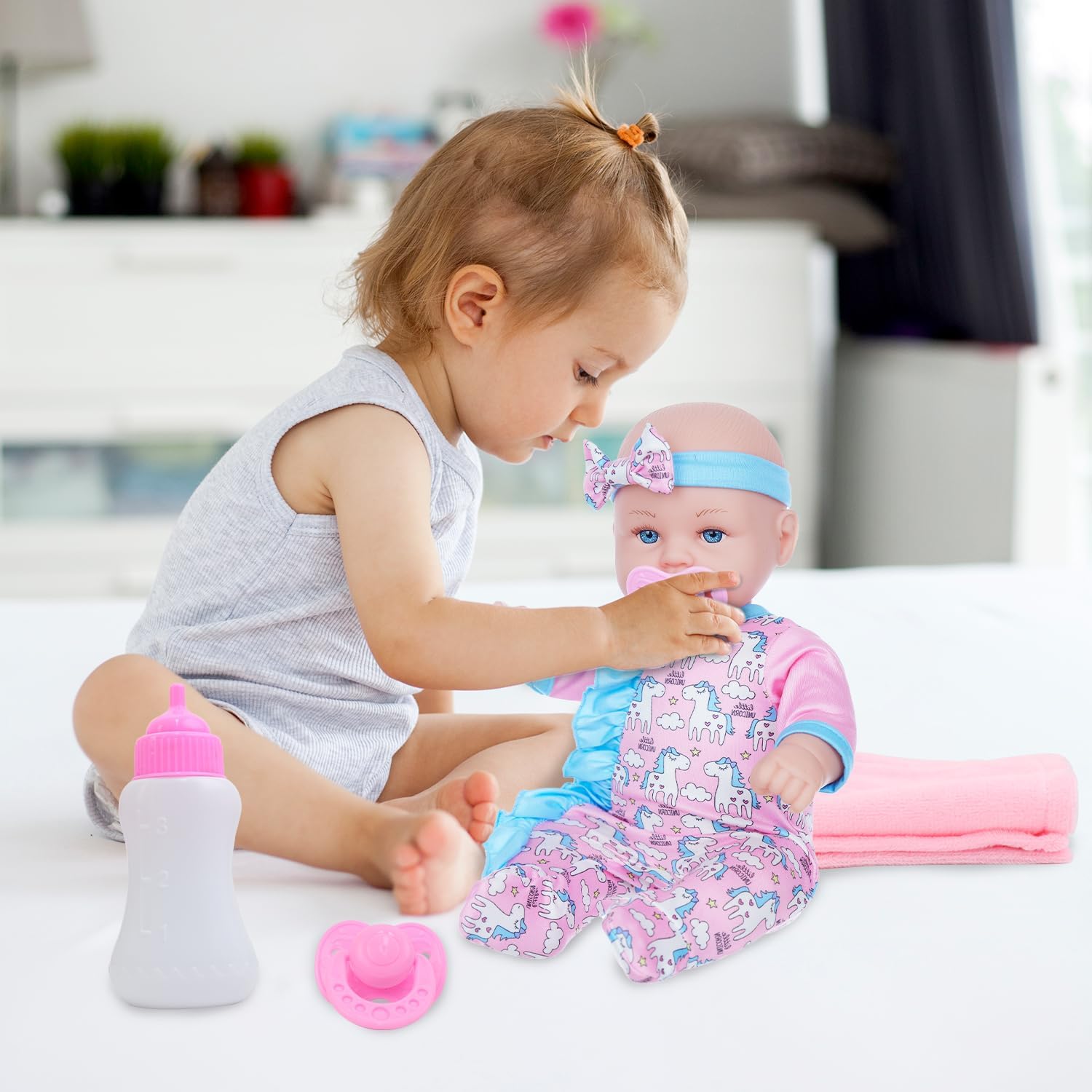 Cute Realistic Soft Body Baby Doll with Feeding Bottle, Pacifier & Accessories