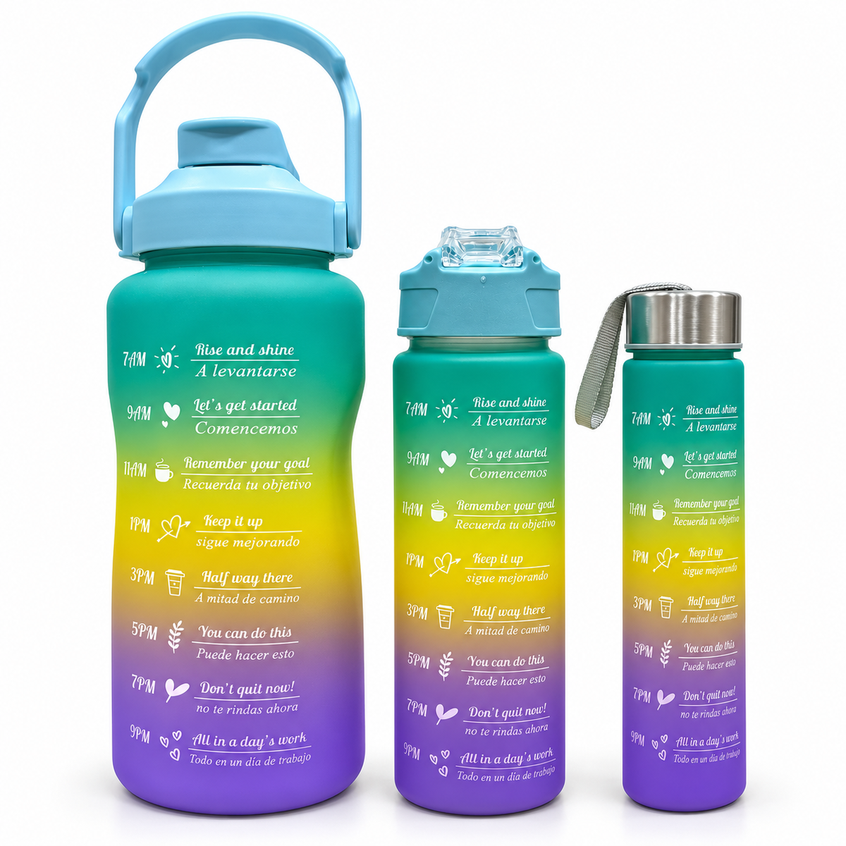 Motivational Water Bottle 3pcs Set with Time Markers Water Lines - 2000ml, 900ml,300ml