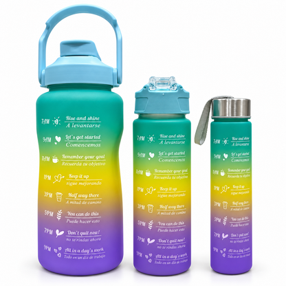 Motivational Water Bottle 3pcs Set with Time Markers Water Lines - 2000ml, 900ml,300ml