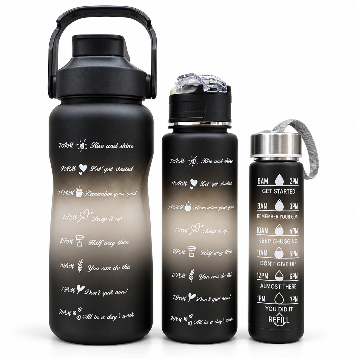 Motivational Water Bottle 3pcs Set with Time Markers Water Lines - 2000ml, 900ml,300ml