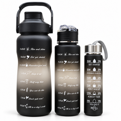Motivational Water Bottle 3pcs Set with Time Markers Water Lines - 2000ml, 900ml,300ml