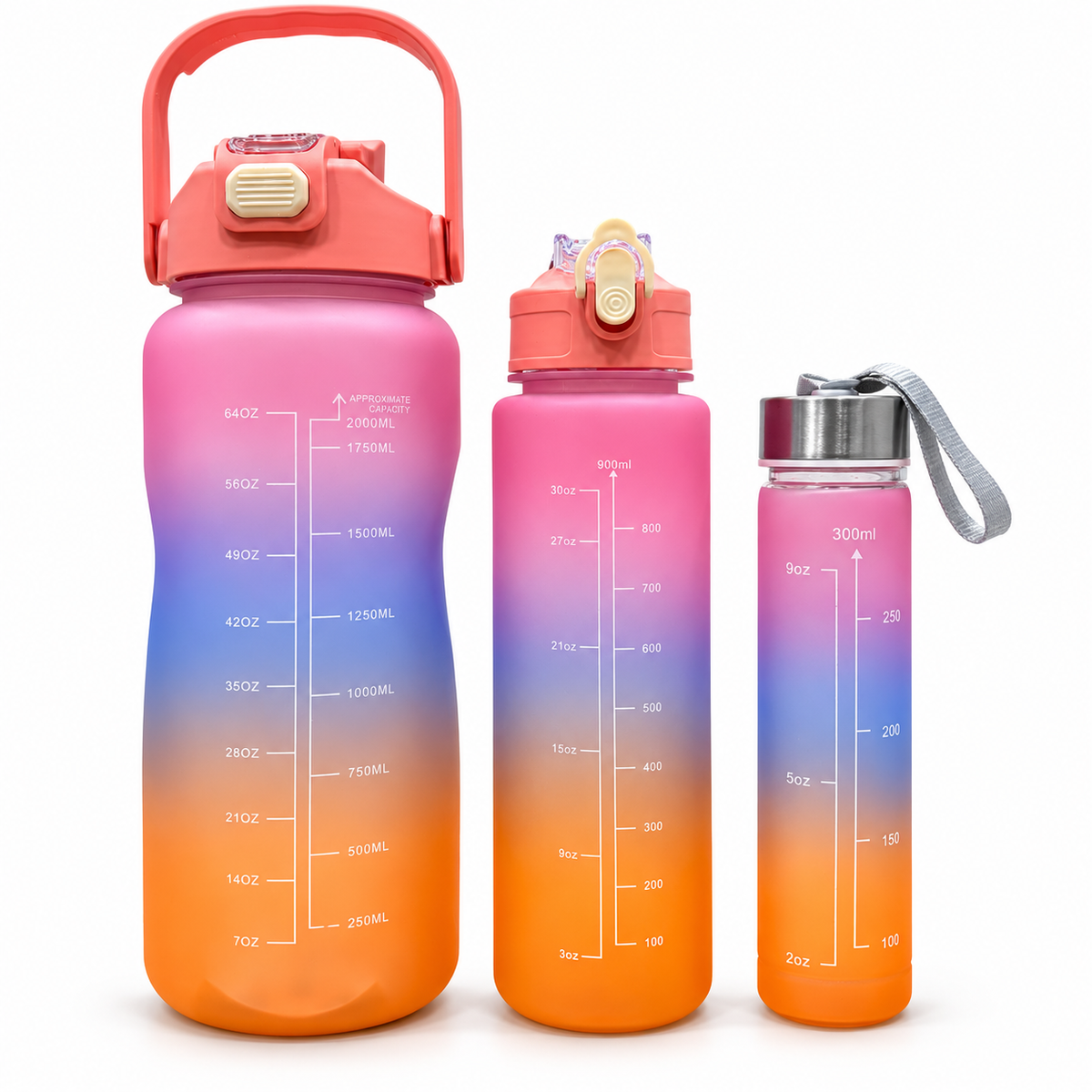 Motivational Water Bottle 3pcs Set with Time Markers Water Lines - 2000ml, 900ml,300ml
