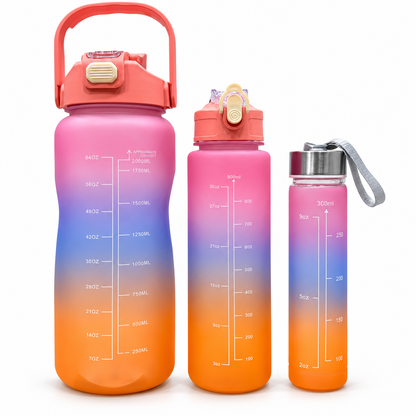 Motivational Water Bottle 3pcs Set with Time Markers Water Lines - 2000ml, 900ml,300ml