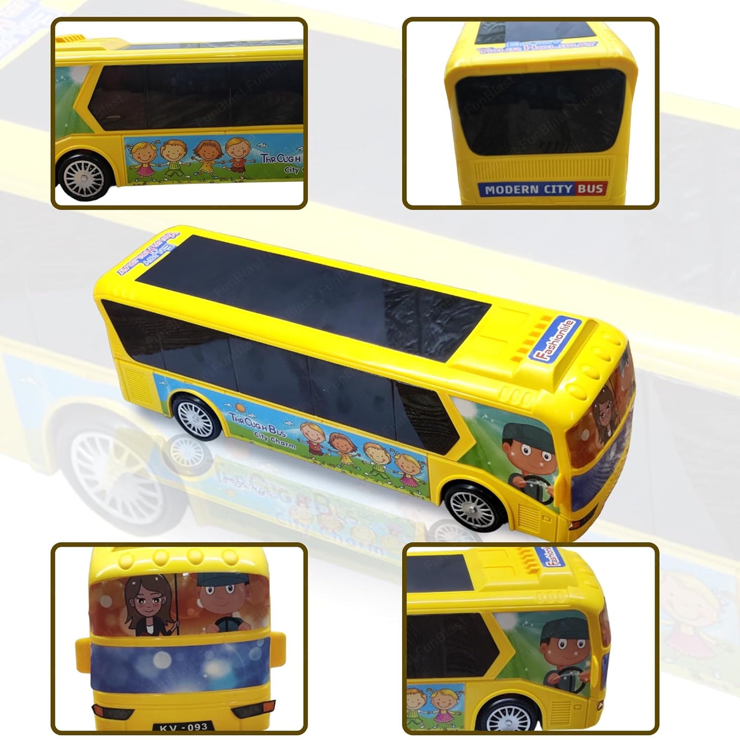 FunBlast Yellow City Bus for Kids: Musical, Light-Up, 360° Rotating Action Toy