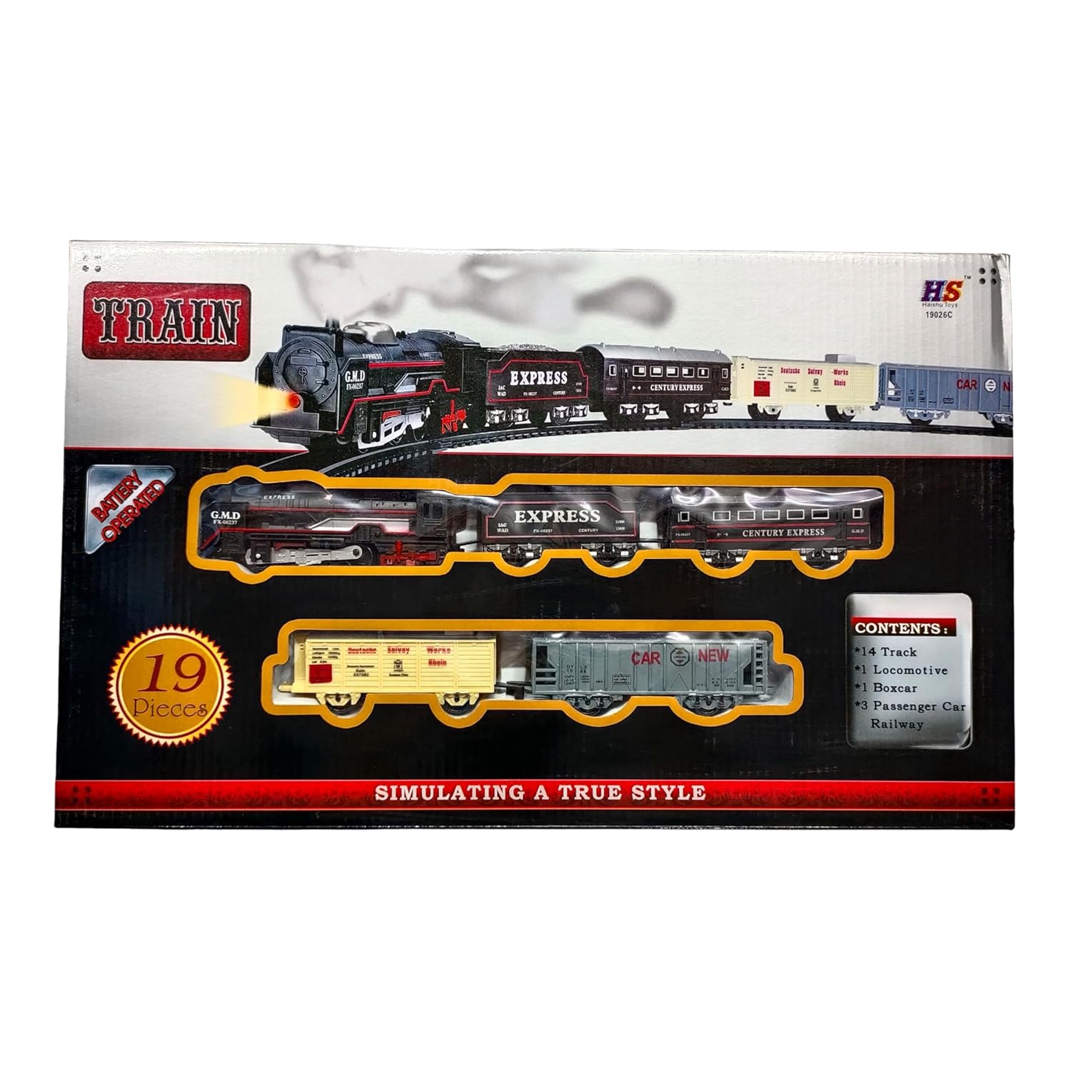 Black Battery Operated Toy Train Set for Kids with Round Track, 19 Pieces Plastic Engine