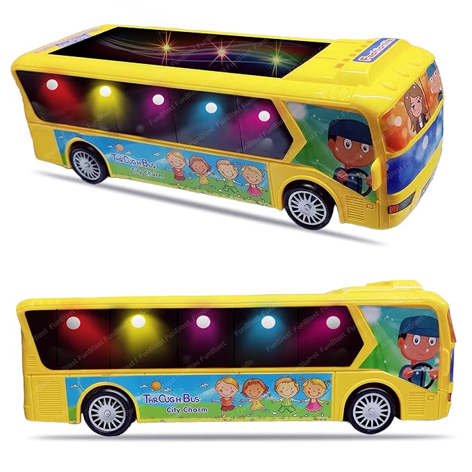 FunBlast Yellow City Bus for Kids: Musical, Light-Up, 360° Rotating Action Toy