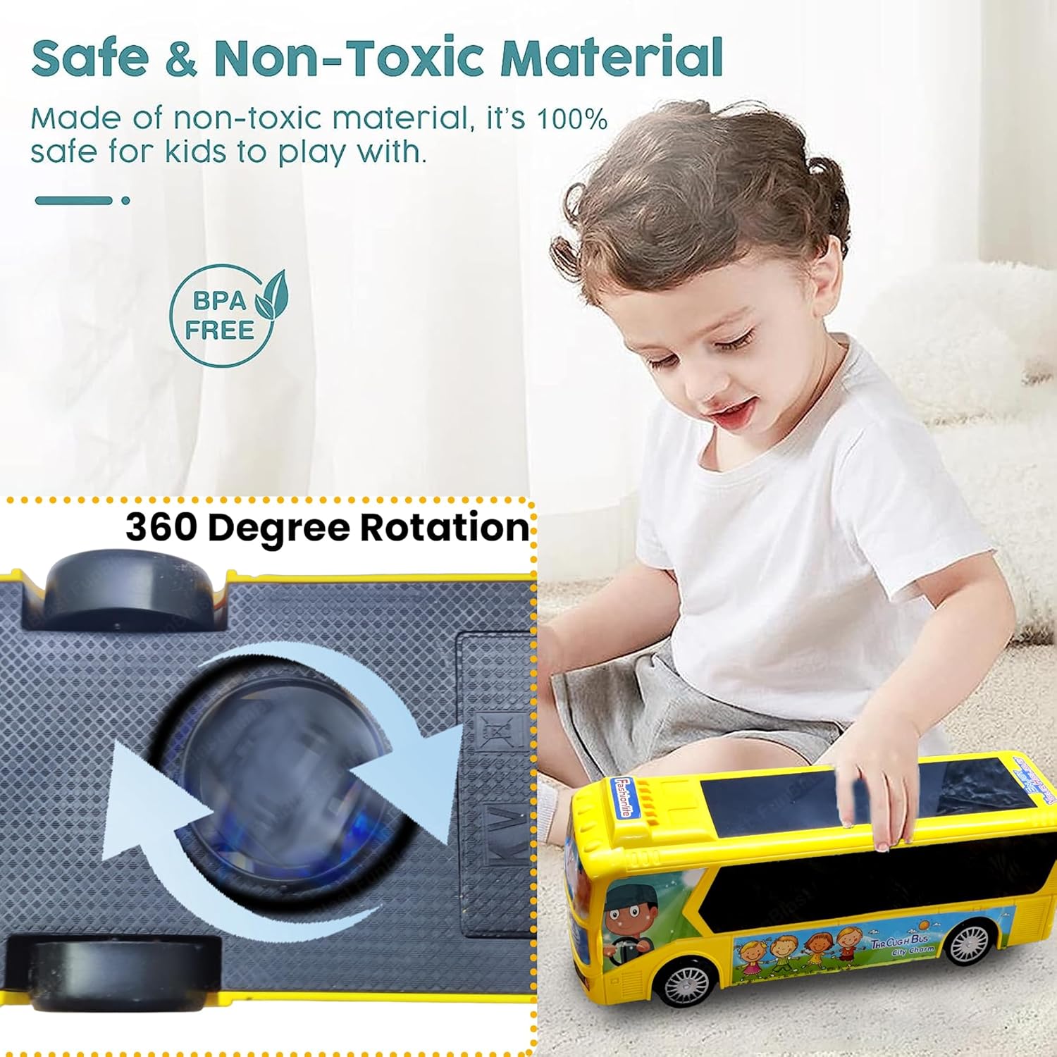 FunBlast Yellow City Bus for Kids: Musical, Light-Up, 360° Rotating Action Toy