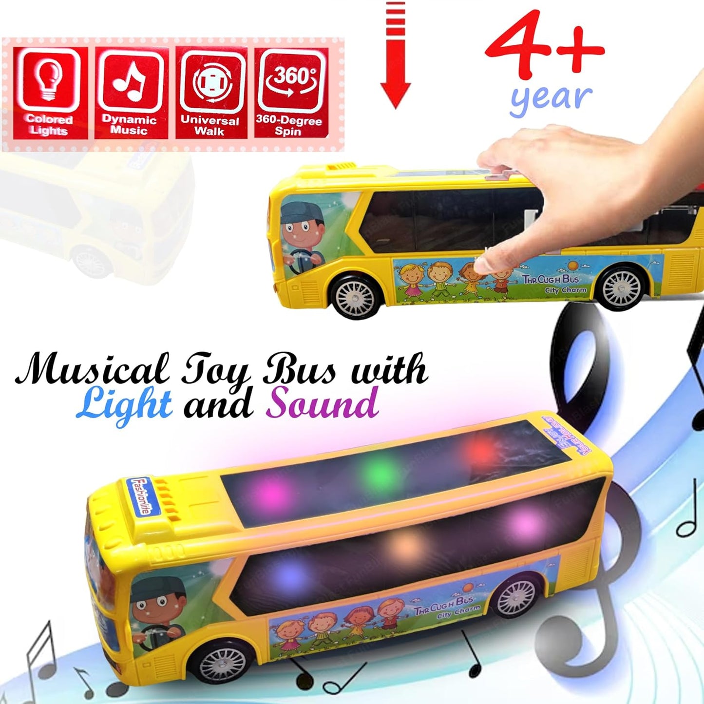 FunBlast Yellow City Bus for Kids: Musical, Light-Up, 360° Rotating Action Toy