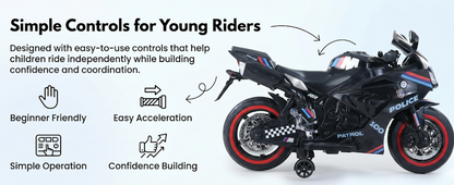 Toy House Battery Operated Ride-On Bike for Kids 3 to 8 Years - B018-Police Black