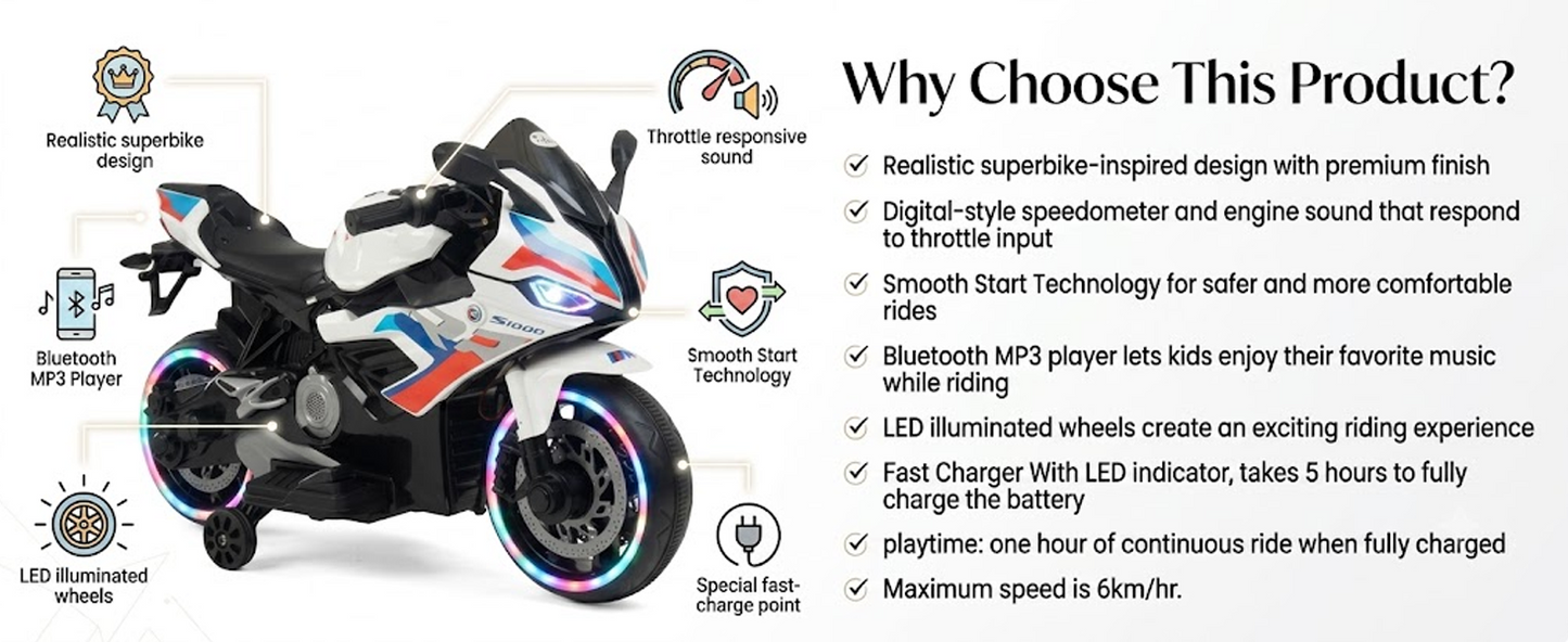 Toy House Battery Operated Ride-On Bike for Kids 2 to 6 Years - B011-White