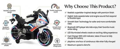 Toy House Battery Operated Ride-On Bike for Kids 2 to 6 Years - B011-White