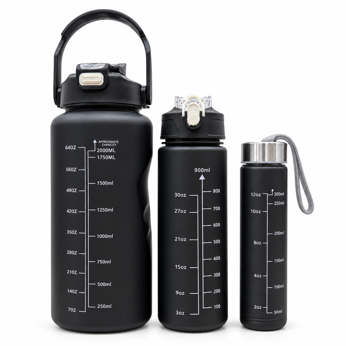 Motivational Water Bottle 3pcs Set with Time Markers Water Lines - 2000ml, 900ml,300ml