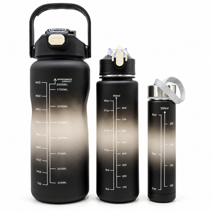 Motivational Water Bottle 3pcs Set with Time Markers Water Lines - 2000ml, 900ml,300ml