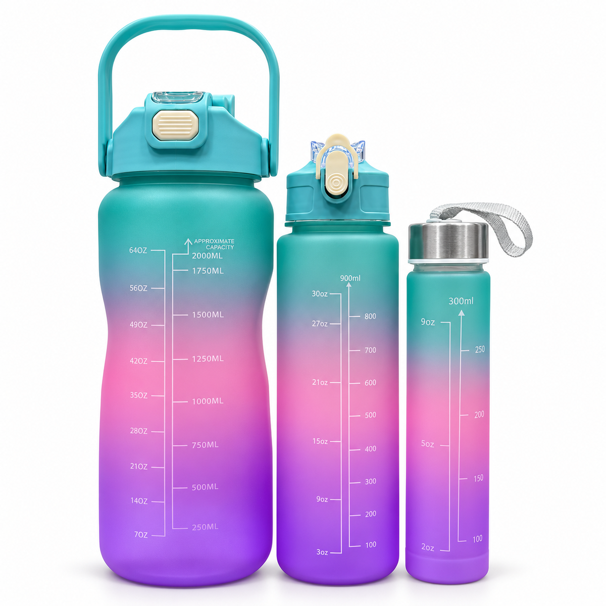 Motivational Water Bottle 3pcs Set with Time Markers Water Lines - 2000ml, 900ml,300ml